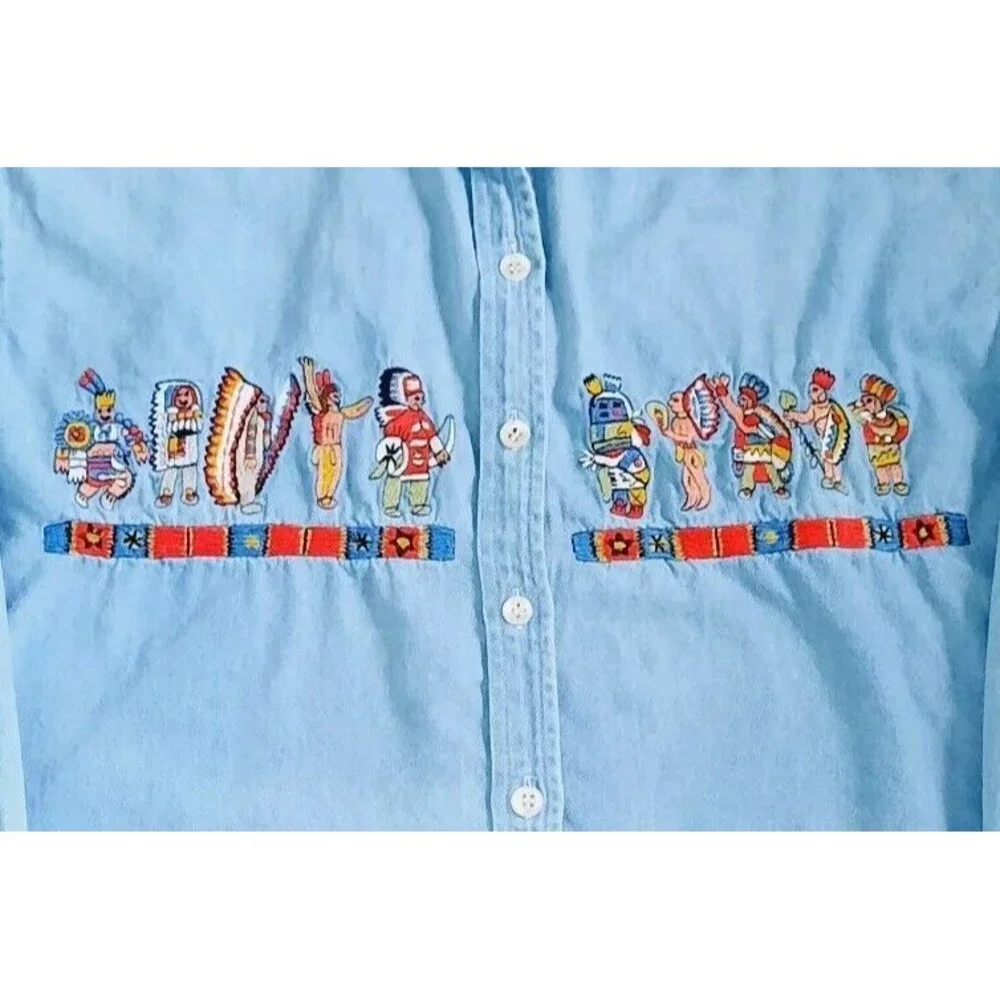 Vintage JouJou Women Denim Jean Button Down Shirt Native American Embroidery